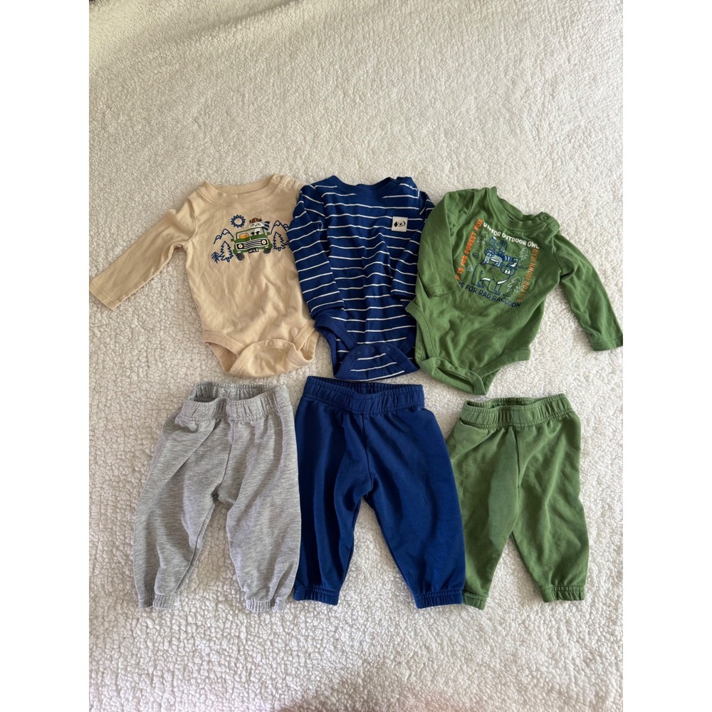 Baby 6 Piece Set Long Sleeve Bodysuits and Pants Blue Green Tan 3-6 Months